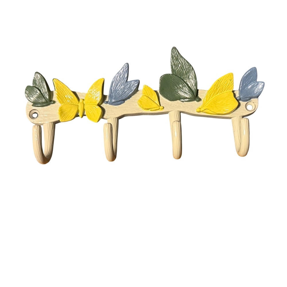 Vintage Butterfly Wall Hook Rack Metal 4 Hook Coat Key Hanger Yellow Blue Green